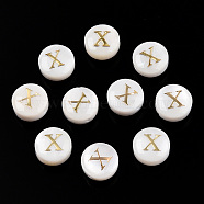 Natural Freshwater Shell Beads, with Golden Plated Brass Etched Metal Embellishments, Flat Round with Letter, Letter X, 7.5~8x4~5mm, Hole: 0.8mm(SHEL-N036-01X)