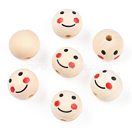 Unfinished Natural Wood Beads, Wooden Smiling Face Print Round Beads, Large Hole Beads, PapayaWhip, 19~20x17.5~18mm, Hole: 4~4.8mm(WOOD-N016-20mm-01)