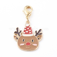 Christmas Themed Alloy Enamel Pendants, with Brass Lobster Claw Clasps, Elk with Christmas Hat, Colorful, 39mm(HJEW-JM00457-03)