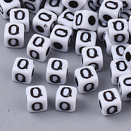 White Opaque Acrylic Beads, Horizontal Hole, Cube with Black Alphabet, Letter.Q, 4~5x4~5x4~5mm, Hole: 1.8mm, about 6470~6500pcs/500g(MACR-R869-02Q)