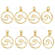 10Pcs Brass Pendants, with Jump Ring, Long-Lasting Plated, Flat Round with Wave Charm, Real 18K Gold Plated, 17.5x15x1.6mm, Hole: 3mm(KK-AR0003-39)