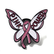 Black Zinc Alloy Brooch, October Breast Cancer Pink Awareness Ribbon Enamel Pins for Women, Butterfly, 28.5x29x1.5mm(JEWB-Z012-03C-EB)