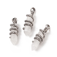 Natural Quartz Crystal Double Terminal Pointed Pendants, Rock Crystal, Faceted Bullet Charms with Antique Silver Tone Alloy Dragon Wrapped, 47x14.5x15mm, Hole: 7.5x6.5mm(G-C051-02A)