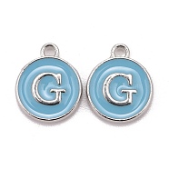 Platinum Plated Alloy Enamel Charms, Cadmium Free & Lead Free, Enamelled Sequins, Flat Round with Letter, Sky Blue, Letter.G, 14x12x2mm, Hole: 1.5mm(ENAM-S118-04G-P)