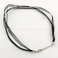 Jewelry Making Necklace Cord, Organza Ribbon & Waxed Cotton Cord & Platinum Plated Iron Clasp, Black, 16.9 inch(43cm), 6mm(X-FIND-R001-8-NF)