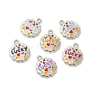 Alloy Enamel Pendants, Flower with Word Lucky, Mixed Color, Platinum, 17x14x2mm, Hole: 1.5mm(ENAM-M053-08P)