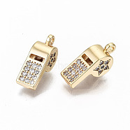 Brass Micro Pave Clear Cubic Zirconia Charms, Nickel Free, Whistle, Real 18K Gold Plated, 14.5x6x5mm, Hole: 1.2mm(KK-S356-172G-NF)