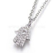 304 Stainless Steel Pendant Necklaces, with Cubic Zirconia, Palm, Clear, Stainless Steel Color, 17.6 inch(45cm), Pendant: 13.5x9x2.5mm(NJEW-O108-16P)