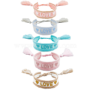5Pcs 5 Colors Adjustable Nylon Braided Cord Bracelets Set, Tassel Charms Word Love Bracelets for Women, Mixed Color, 1-3/4~2-1/2 inch(4.5~6.2cm), 1Pc/color(BJEW-FI0001-12)