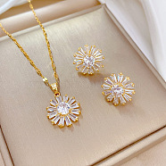 Brass Micro Pave Cubic Zirconia Pendant Necklace & Stud Earrings, Stainless Steel Chain Necklace, Golden, Flower, 400mm(WG7AC39-34)