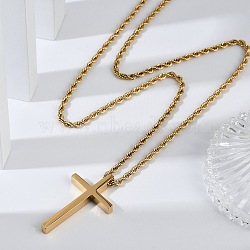 Religion Cross 304 Stainless Steel Pendant Rope Chain Necklaces, Ion Plating(IP), Golden, 22.83 inch(58cm)(NJEW-L157-09G)