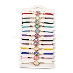 12Pcs 12 Colors Polyester Bracelets, Brass Glass Links Jewelry for Women, Flat Round, Mixed Color, 7-1/2 inch(19cm)(BJEW-P340-08G)