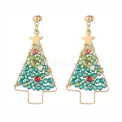 Shell Pearl & Glass Braided Christmas Tree Dangle Stud Earrings, 304 Stainless Steel Wire Wrap Big Drop Earrings for Women, Colorful, 60mm, Pin: 0.8mm(EJEW-TA00090)