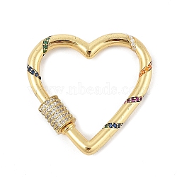 Brass Micro Pave Colorful Cubic Zirconia Keychain Clasps, Rack Plating, Locking Carabiner, Quick Links, Long-Lasting Plated, Cadmium Free & Lead Free, Real 18K Gold Plated, Heart, 31x31.5x6mm(KK-P299-09B-G)