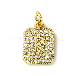 Rack Plating Brass Micro Pave Clear Cubic Zirconia Charms, Long-Lasting Plated, Lead Free & Cadmium Free, Rectangle with Letter Pattern, with Jump Ring, Real 18K Gold Plated, Letter R, 14x9.5x2mm, Hole: 3mm(KK-G501-01R-G)