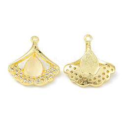 Rack Plating Brass Pave Cubic Zirconia with Cat Eye Pendants, Cadmium Free & Lead Free, Long-Lasting Plated, Ginkgo Leaf with Teardrop Pattern Charm, Real 18K Gold Plated, 19.5x18x5.5mm, Hole: 1.4mm(KK-G464-13G)