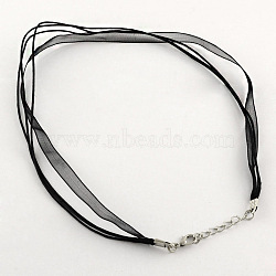 Jewelry Making Necklace Cord, Organza Ribbon & Waxed Cotton Cord & Platinum Plated Iron Clasp, Black, 16.9 inch(43cm), 6mm(X-FIND-R001-8-NF)