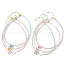 Glass Seed Bead Necklaces, Natural Trochid Shell and Alloy Enamel Charms, Butterfly, Mixed Color, 14.96 inch(38cm)(NJEW-JN04763)