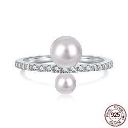 Rhodium Plated 925 Sterling Silver Finger Rings with Cubic Zirconia, Pearl Beaded Ring with S925 Stamp , Real Platinum Plated, 1.4mm, US Size 7(17.3mm)(RJEW-F150-58B-P)