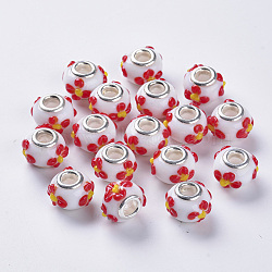 Handmade Bumpy Lampwork European Beads, Large Hole Beads, with Silver Color Plated Brass Double Cores, Rondelle with Flower, Red, 14~15x14~15x11mm, Hole: 5mm(LAMP-S193-010D)