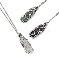 3Pcs 3 Styles Natural Rose Quartz & Green Aventurine & Amethyst Macrame Pouch Faceted Bullet Pendant Necklaces, 304 Stainless Steel Cable Chain Necklaces, Stainless Steel Color, 25.98 inch(66cm), 1pc/style(NJEW-JN05090)