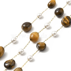 Ion Plating(IP) 316 Surgical Stainless Steel Paperclip Chains, with Natural Tiger Eye Nuggets Beads and Glass Beads, Soldered, Real 18K Gold Plated, with Spool, Link: 2.5x1x0.5mm(CHS-I019-19K)