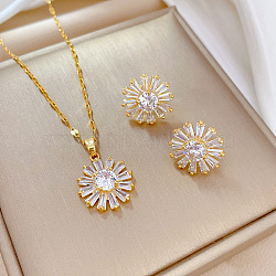 Brass Micro Pave Cubic Zirconia Pendant Necklace & Stud Earrings, Stainless Steel Chain Necklace, Golden, Flower, 400mm(WG7AC39-34)