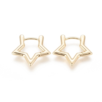 Brass Huggie Hoop Earrings, Long-Lasting Plated, Star, Real 18K Gold Plated, 19x21x2.5mm, Pin: 1mm