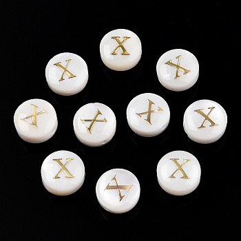 Natural Freshwater Shell Beads, with Golden Plated Brass Etched Metal Embellishments, Flat Round with Letter, Letter X, 7.5~8x4~5mm, Hole: 0.8mm