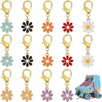 Daisy Alloy Enamel Pendant Decorations, Alloy Lobster Clasps Charm, Clip-on Charms, for Keychain, Purse, Backpack Ornament, Mixed Color, 40mm, 7 colors, 2pcs/color, 14pcs/set