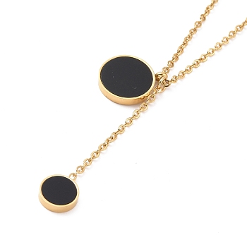 Black Synthetic Shell Flat Round Pendant Lariat Necklace, Ion Plating(IP) 304 Stainless Steel Jewelry for Women, Golden, 15.94 inch(40.5cm)
