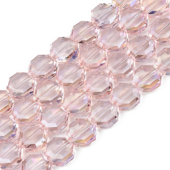 Electroplate Transparent Glass Beads Strands, AB Color Plated, Faceted, Octagon, Pink, 7~8x7~8x4mm, Hole: 1.2mm, about 72pcs/strand, 20.47 inch(52cm)