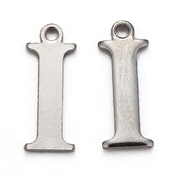 304 Stainless Steel Alphabet Charms, Stainless Steel Color, Letter.I, 12.5x4.5x1mm, Hole: 1mm