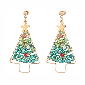 Shell Pearl & Glass Braided Christmas Tree Dangle Stud Earrings, 304 Stainless Steel Wire Wrap Big Drop Earrings for Women, Colorful, 60mm, Pin: 0.8mm