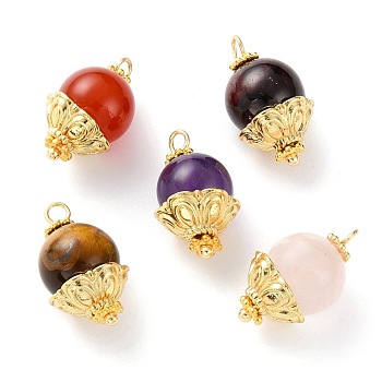 Natural Garnet & Carnelian & Rose Quartz & Amethyst & Tiger Eye Beads Pendants, with Golden Brass Ball Head Pins, Alloy Spacer Beads & Bead Caps, Round, 18~19x10.7mm, Hole: 1.5~2mm