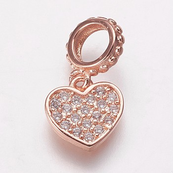 Brass Cubic Zirconia European Dangle Charms, Large Hole Pendants, Heart, Clear, Rose Gold, 16mm, Hole: 4.5mm, Pendant: 9x9x1.5mm