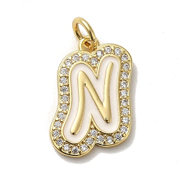 Brass Micro Pave Cubic Zirconia Pendants, with Jump Rings, Real 18K Gold Plated, Letter N, 20.5x13x2mm, Hole: 3.8mm