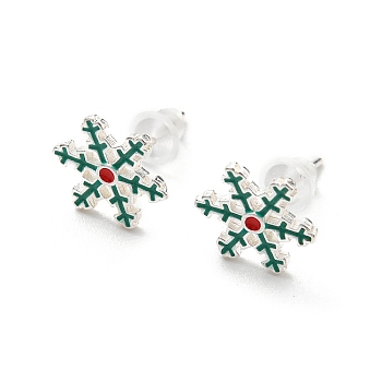 Christmas Theme Brass Stud Earrings, Snowflake, 9x9mm