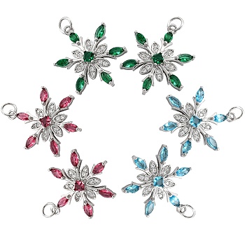 6Pcs 3 Style Brass Cubic Zirconia Pendants, Long-Lasting Plated, Snowflake, Real Platinum Plated, 24.5x19x4mm, Hole: 3.6mm, 2pcs/style