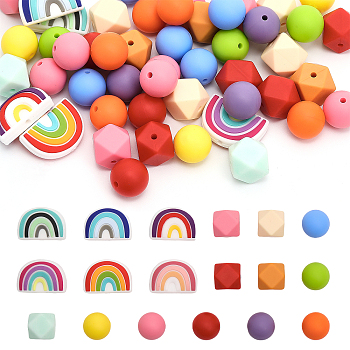 CHGCRAFT 18 Style Food Grade Eco-Friendly Silicone Beads, Chewing Beads For Teethers, DIY Nursing Necklaces Making, Octagon & Round & Rainbow, Mixed Color, 14~18x14~25x9~15mm, Hole: 2~3mm, 66pcs/box