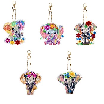 DIY Diamond Painting Keychain Kits, Including Acrylic Board, Keychain Clasp, Bead Chain, Resin Rhinestones Bag, Diamond Sticky Pen, Tray Plate and Glue Clay, Elephant, 110~150x70~100mm, 5pcs/set