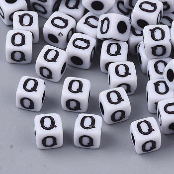 White Opaque Acrylic Beads, Horizontal Hole, Cube with Black Alphabet, Letter.Q, 4~5x4~5x4~5mm, Hole: 1.8mm, about 6470~6500pcs/500g