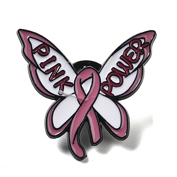 Black Zinc Alloy Brooch, October Breast Cancer Pink Awareness Ribbon Enamel Pins for Women, Butterfly, 28.5x29x1.5mm