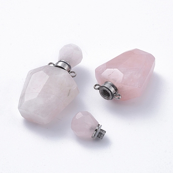 Faceted Natural Rose Quartz Openable Perfume Bottle Pendants, Essential Oil Bottles, with 304 Stainless Steel Findings, Stainless Steel Color, 35.5~37.5x23x13.5mm, Hole: 1.8mm, Capacity: about 2ml(0.06 fl. oz)