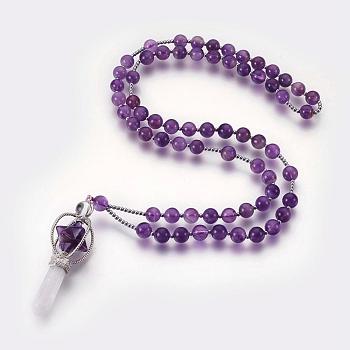 Alloy Pendant Necklace, with Natural Amethyst Beads, Star with Bullet, 29.52 inch(75cm)
