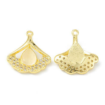 Rack Plating Brass Pave Cubic Zirconia with Cat Eye Pendants, Cadmium Free & Lead Free, Long-Lasting Plated, Ginkgo Leaf with Teardrop Pattern Charm, Real 18K Gold Plated, 19.5x18x5.5mm, Hole: 1.4mm