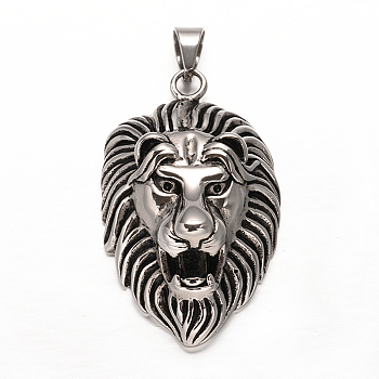 Lion 304 Stainless Steel Big Pendants, Antique Silver, 62x39x20mm, Hole: 8x10mm