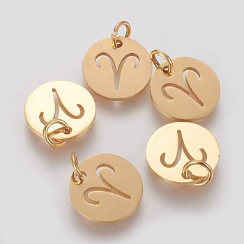 304 Stainless Steel Pendants, with Jump Ring, Laser Cut, Flat Round with Constellation/Zodiac Sign, Golden, Aries, 12x1mm, Hole: 3mm