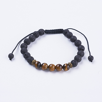 Adjustable Nylon Cord Braided Bead Bracelets, with Lava Rock, Tiger Eye Beads & Alloy Findings, 2-1/8 inch(54mm)