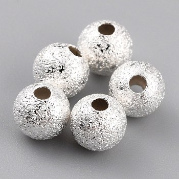 Long-Lasting Plated Brass Beads, Textured Beads, Round, 925 Sterling Silver Plated, 5mm, Hole: 1.5mm